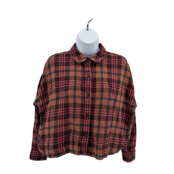 Madewell Plaid Flannel Crop Shirt WMNS S Ginger/Pink Long Sleeve Grunge Top Chic - Picture 1 of 11